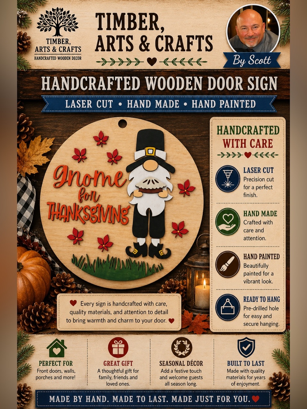 Hand Crafted Wooden " Gnome for Thanksgiving " Gnome and Pie Door Hanger